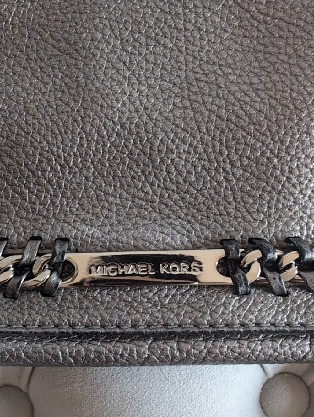 Michael Kors Metallic Pewter Leather Chain-Trim Clutch